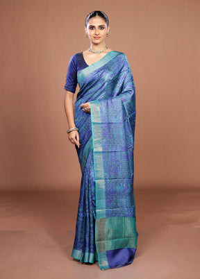 Blue Handloom Tussar Pure Silk Saree With Blouse Piece