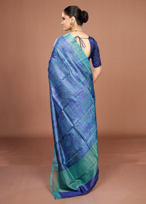 Blue Handloom Tussar Pure Silk Saree With Blouse Piece