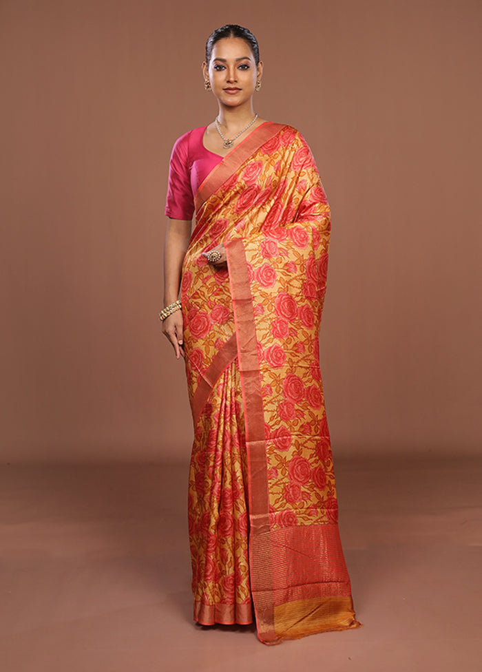 Yellow Handloom Tussar Pure Silk Saree With Blouse Piece