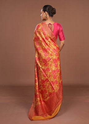 Yellow Handloom Tussar Pure Silk Saree With Blouse Piece