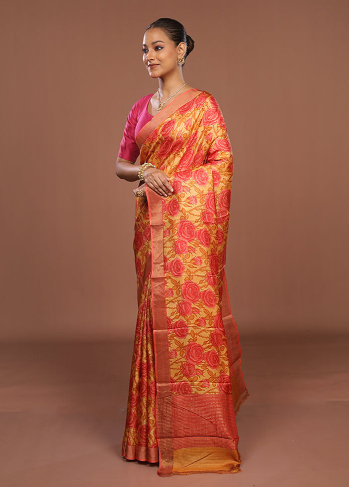 Yellow Handloom Tussar Pure Silk Saree With Blouse Piece