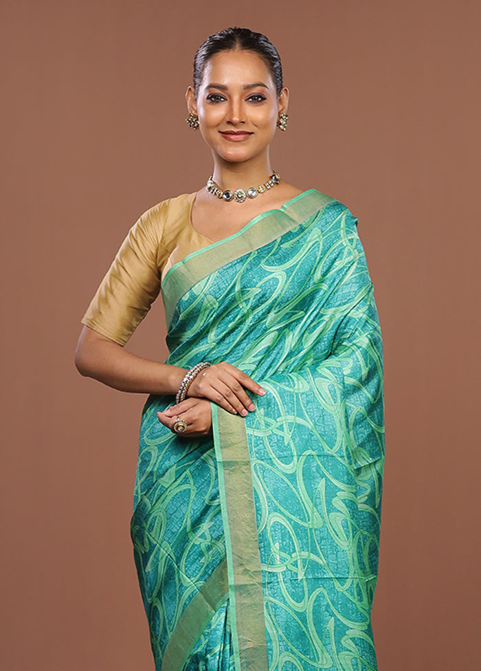 Green Handloom Tussar Pure Silk Saree With Blouse Piece