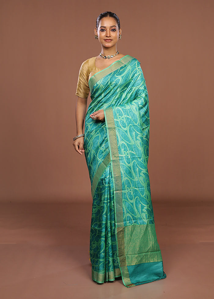 Green Handloom Tussar Pure Silk Saree With Blouse Piece