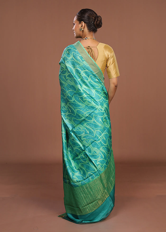 Green Handloom Tussar Pure Silk Saree With Blouse Piece