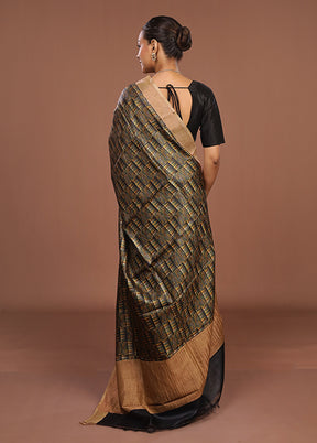 Green Handloom Tussar Pure Silk Saree With Blouse Piece
