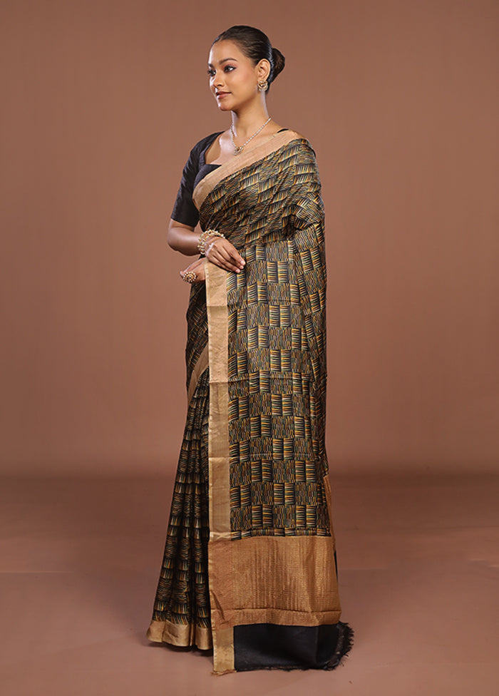 Green Handloom Tussar Pure Silk Saree With Blouse Piece
