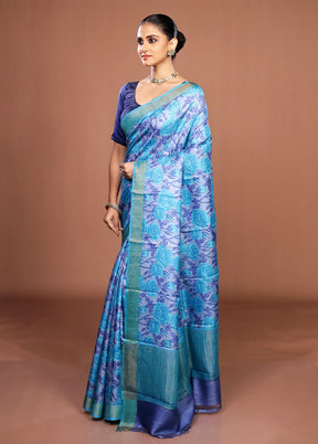 Blue Handloom Tussar Pure Silk Saree With Blouse Piece