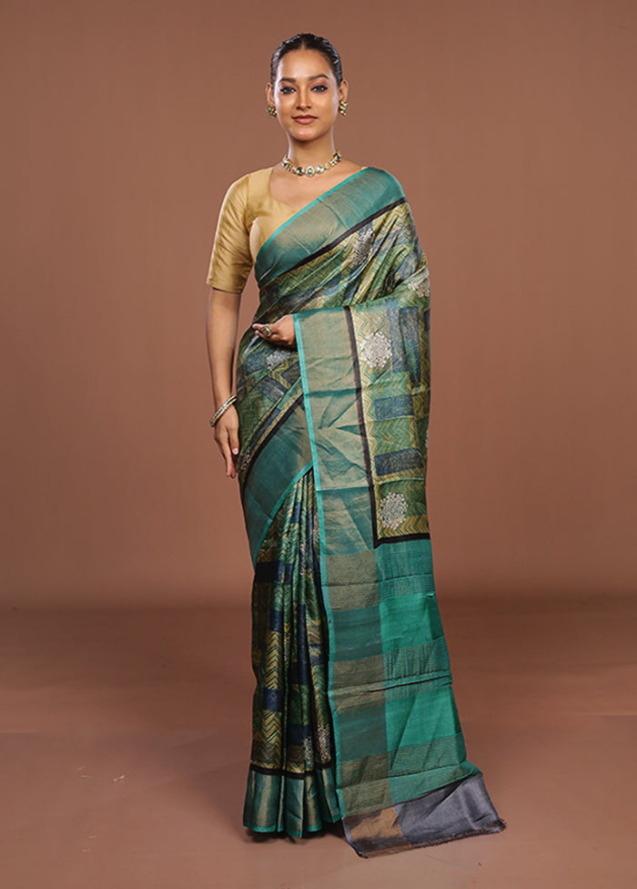 Green Handloom Tussar Pure Silk Saree With Blouse Piece