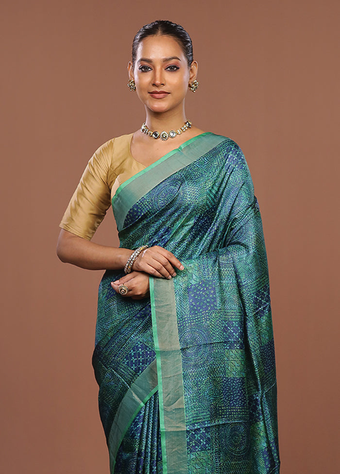 Green Handloom Tussar Pure Silk Saree With Blouse Piece