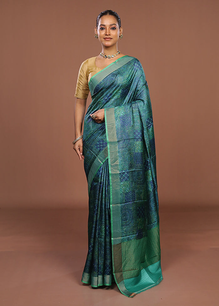 Green Handloom Tussar Pure Silk Saree With Blouse Piece