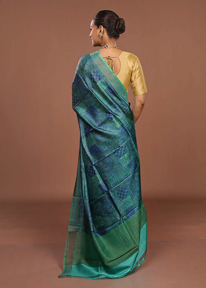 Green Handloom Tussar Pure Silk Saree With Blouse Piece