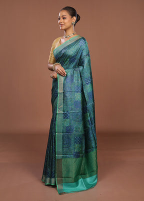 Green Handloom Tussar Pure Silk Saree With Blouse Piece