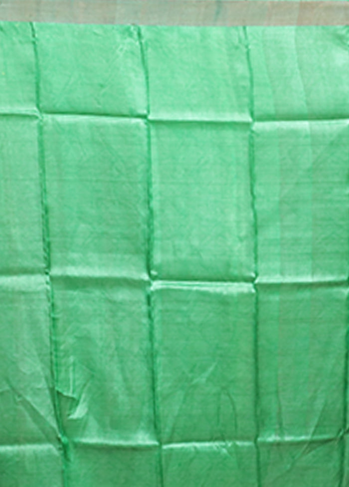 Green Handloom Tussar Pure Silk Saree With Blouse Piece