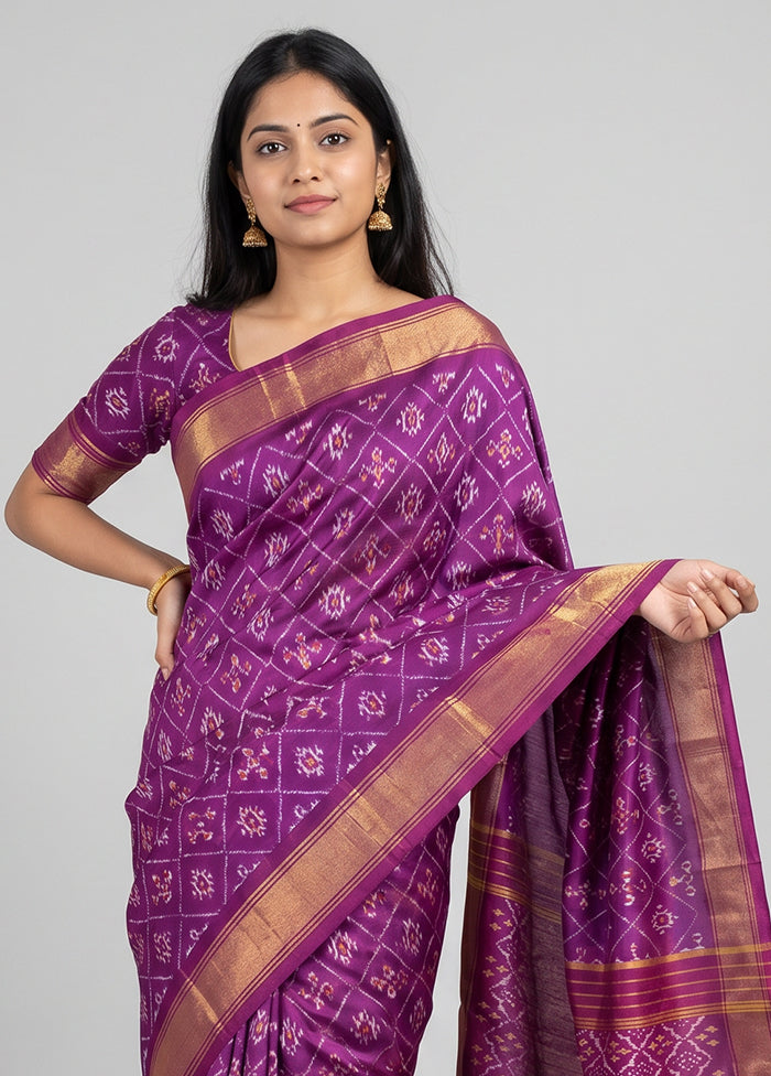 Purple Handloom Ikkat Pure Silk Saree With Blouse Piece