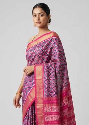 Blue Handloom Ikkat Pure Silk Saree With Blouse Piece