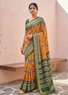 Orange Handloom Ikkat Pure Silk Saree With Blouse Piece
