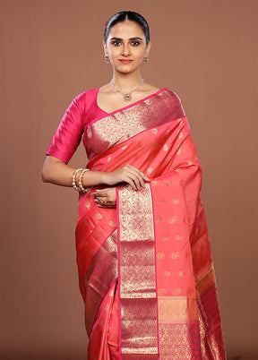 Pink Handloom Kanjivaram Pure Silk Saree With Blouse Piece
