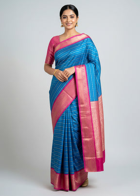 Blue Kanjivaram Silk Saree With Blouse Piece