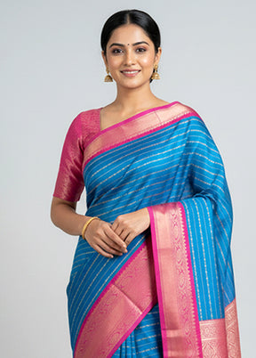 Blue Kanjivaram Silk Saree With Blouse Piece