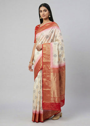 White Dupion Silk Saree With Blouse Piece
