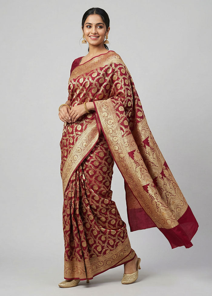 Red Handloom Banarasi Pure Silk Saree With Blouse Piece