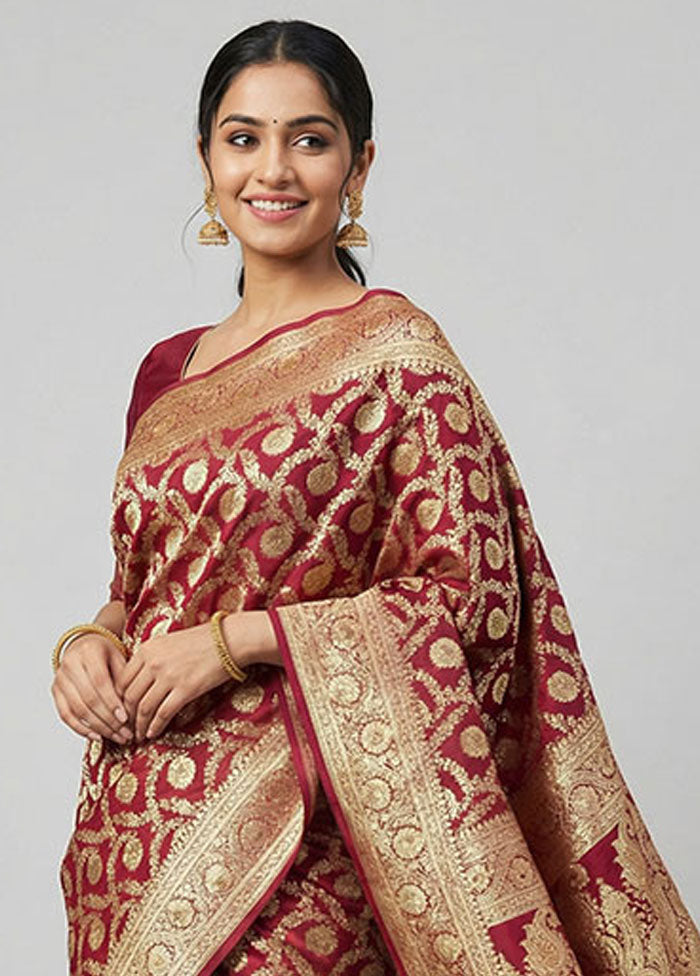 Red Handloom Banarasi Pure Silk Saree With Blouse Piece