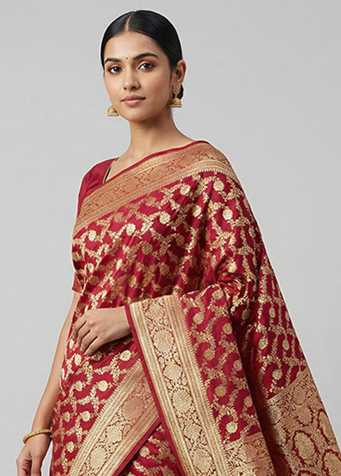 Red Handloom Banarasi Pure Silk Saree With Blouse Piece