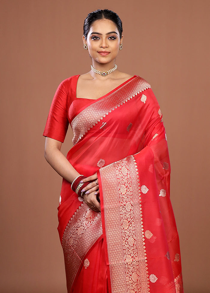 Red Handloom Pure Organza Saree With Blouse Piece