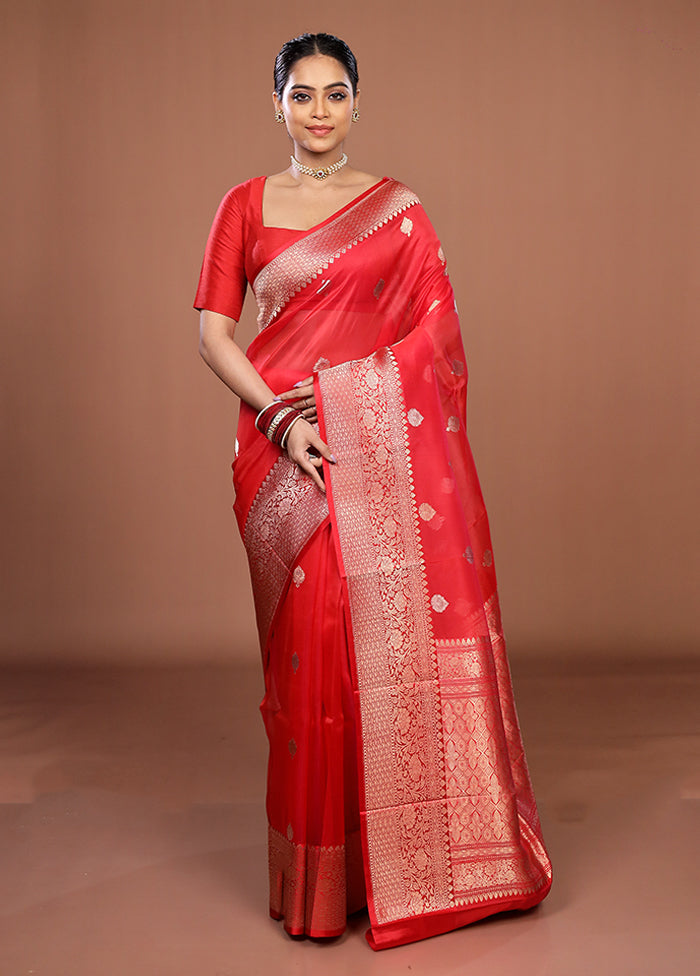 Red Handloom Pure Organza Saree With Blouse Piece