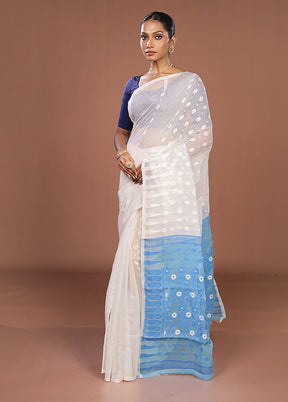 Blue Jamdani Cotton Saree Without Blouse Piece