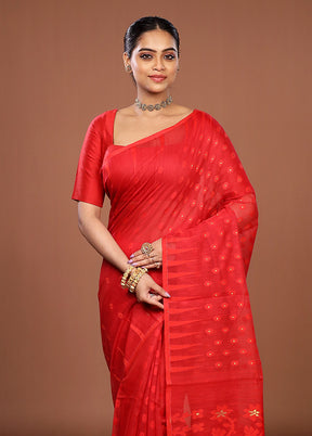 Red Jamdani Cotton Saree Without Blouse Piece