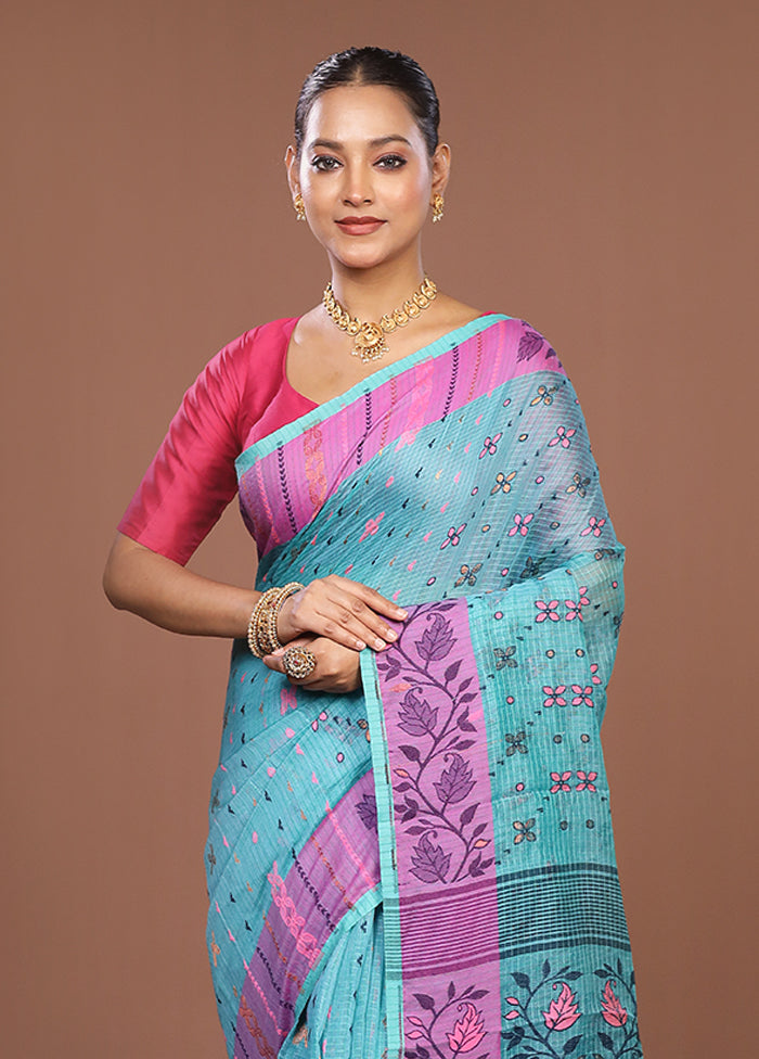 Blue Jamdani Cotton Saree Without Blouse Piece