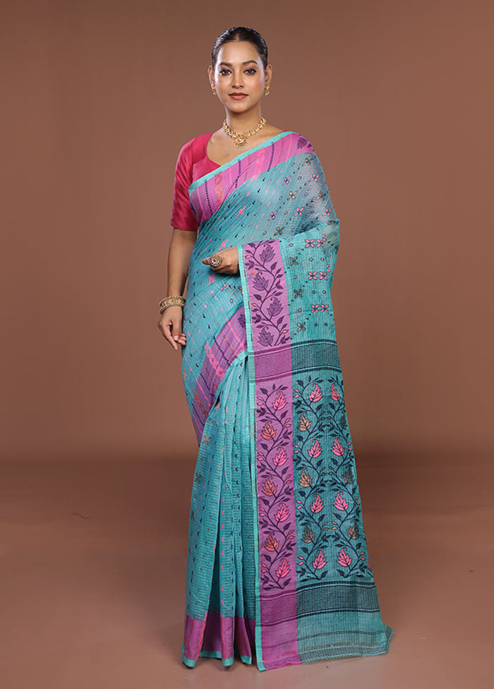 Blue Jamdani Cotton Saree Without Blouse Piece