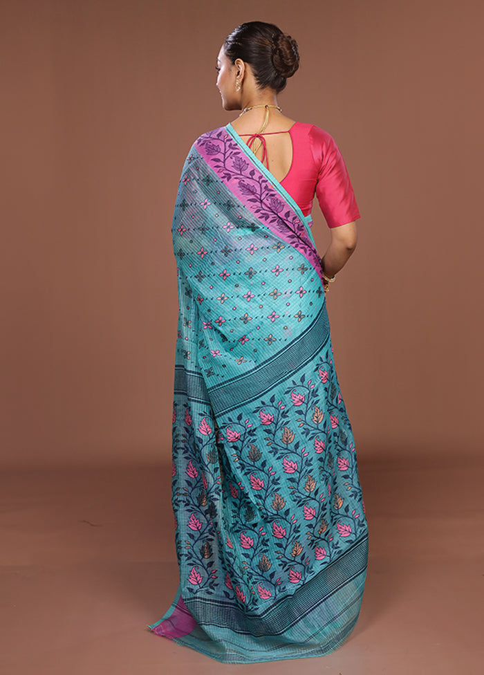 Blue Jamdani Cotton Saree Without Blouse Piece