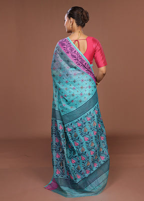 Blue Jamdani Cotton Saree Without Blouse Piece