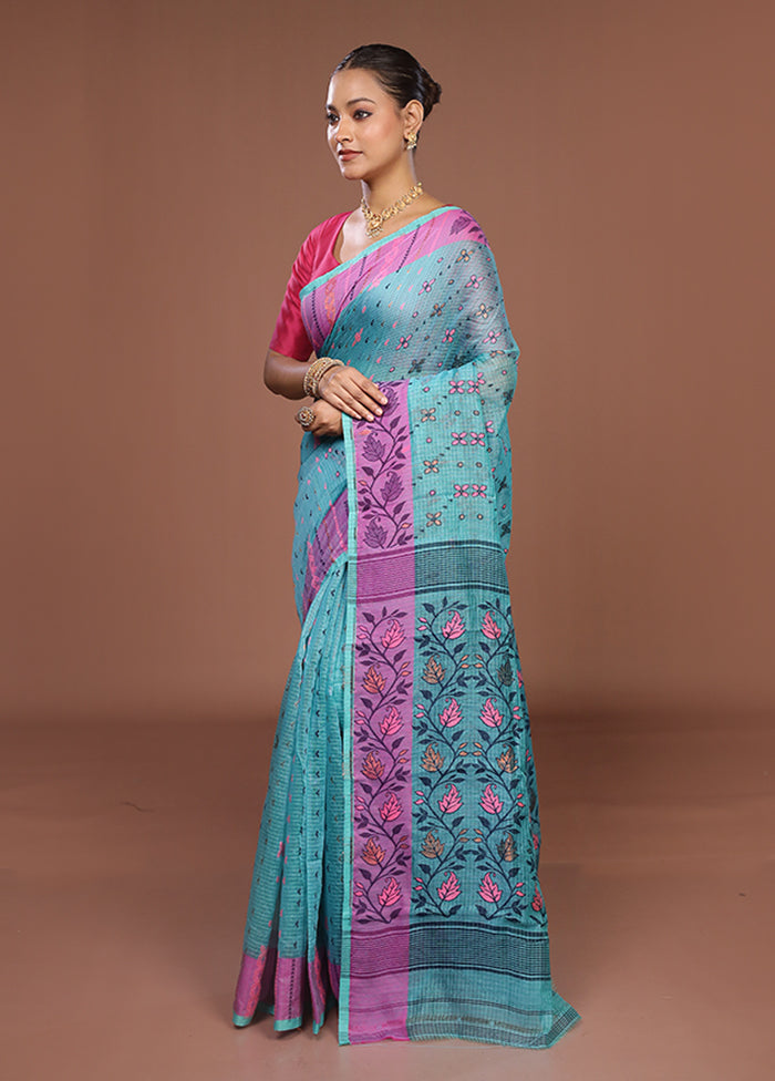 Blue Jamdani Cotton Saree Without Blouse Piece