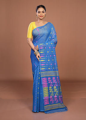 Blue Jamdani Cotton Saree Without Blouse Piece