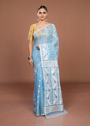 Blue Jamdani Cotton Saree Without Blouse Piece
