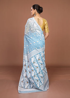 Blue Jamdani Cotton Saree Without Blouse Piece