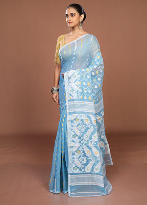 Blue Jamdani Cotton Saree Without Blouse Piece