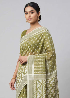 Green Jamdani Cotton Saree Without Blouse Piece