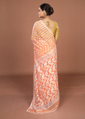 Peach Jamdani Cotton Saree Without Blouse Piece