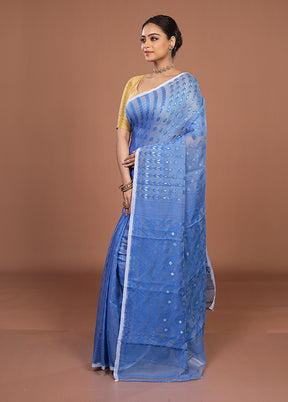 Blue Jamdani Cotton Saree Without Blouse Piece