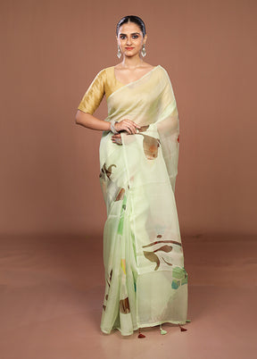Green Handloom Pure Organza Saree With Blouse Piece