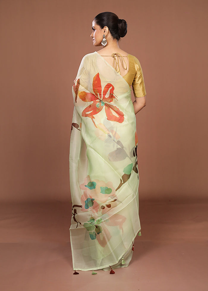 Green Handloom Pure Organza Saree With Blouse Piece