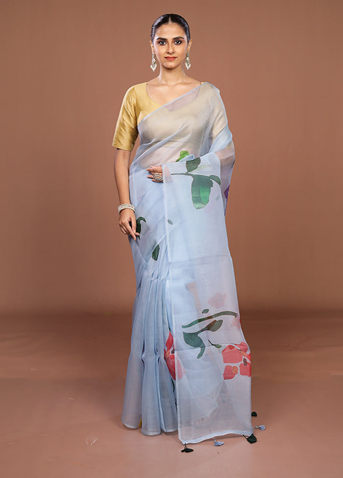 Blue Handloom Pure Organza Saree With Blouse Piece