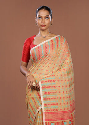 Cream Jamdani Cotton Saree Without Blouse Piece