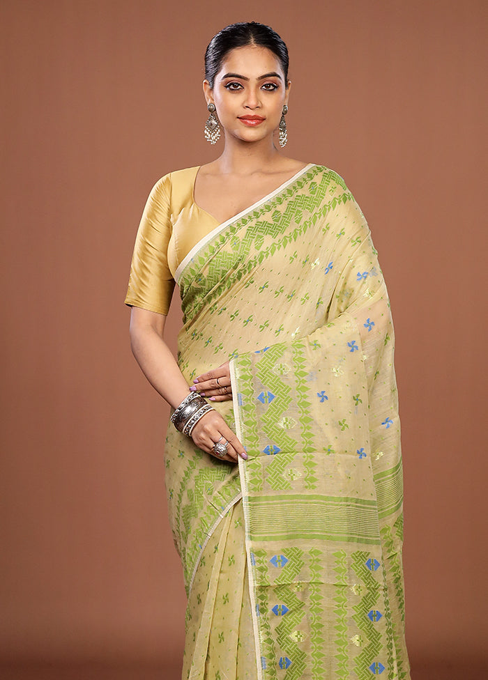Yellow Jamdani Cotton Saree Without Blouse Piece
