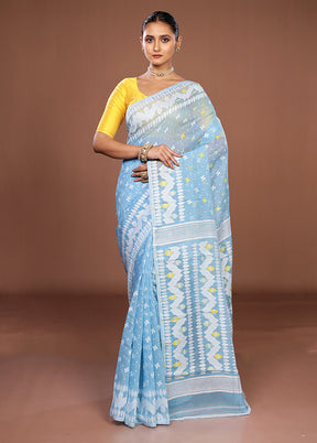 Blue Jamdani Cotton Saree Without Blouse Piece