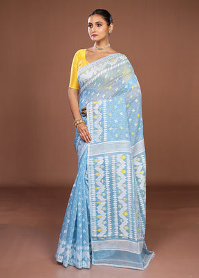 Blue Jamdani Cotton Saree Without Blouse Piece